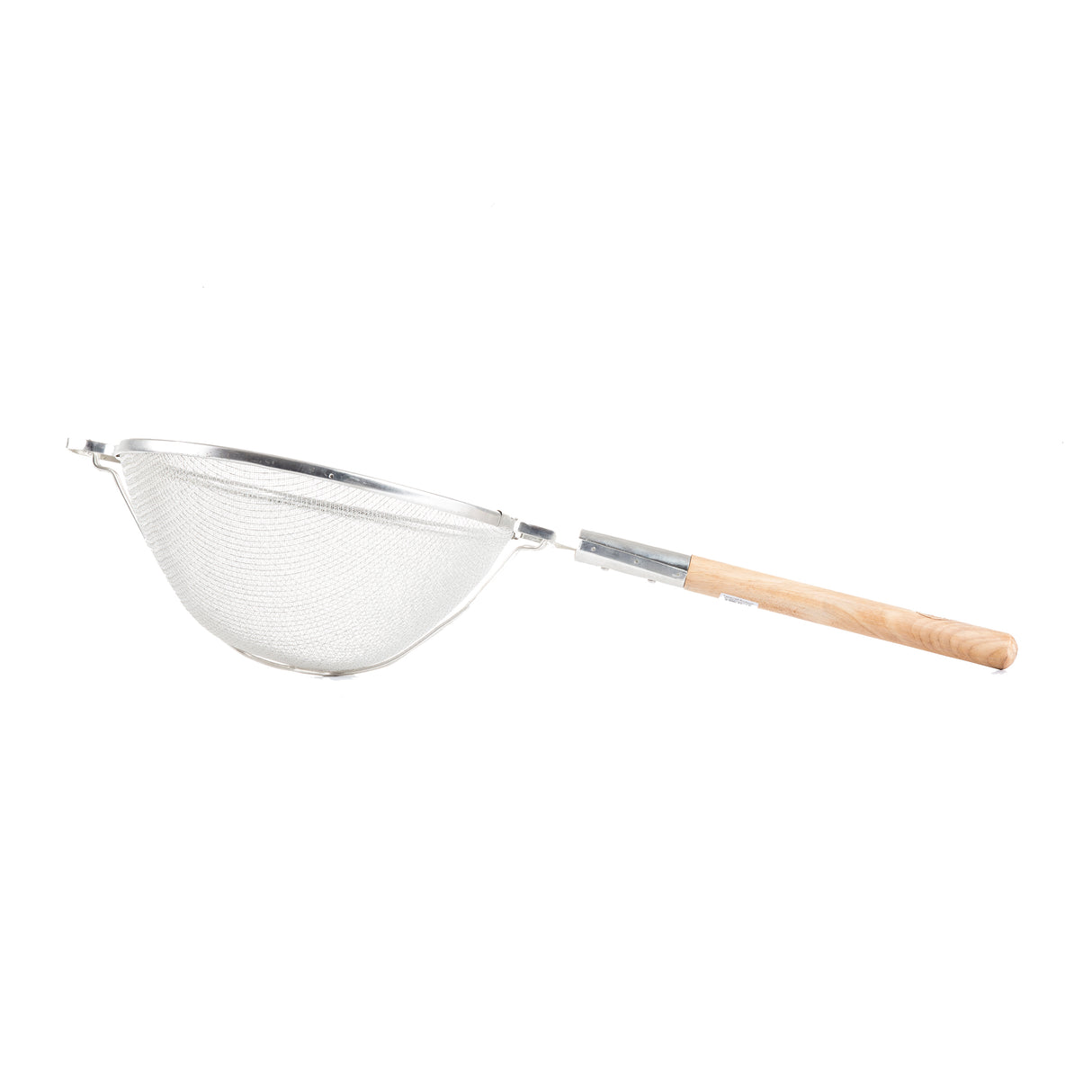 A metal strainer with a double medium mesh sieve and a round wooden handle, photographed on a white background. The fine mesh bowl is secured to a metal rim, while the smooth cylindrical handle ensures a comfortable grip.