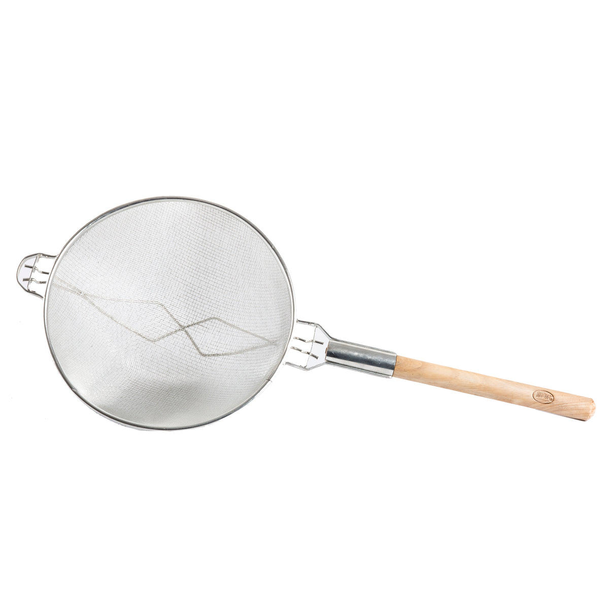 A metal strainer with double medium mesh and a fine wire mesh, featuring a round wooden handle for easy grip. A small metal hook on the rim allows it to rest securely on a bowl or pot—ideal for sifting or draining.