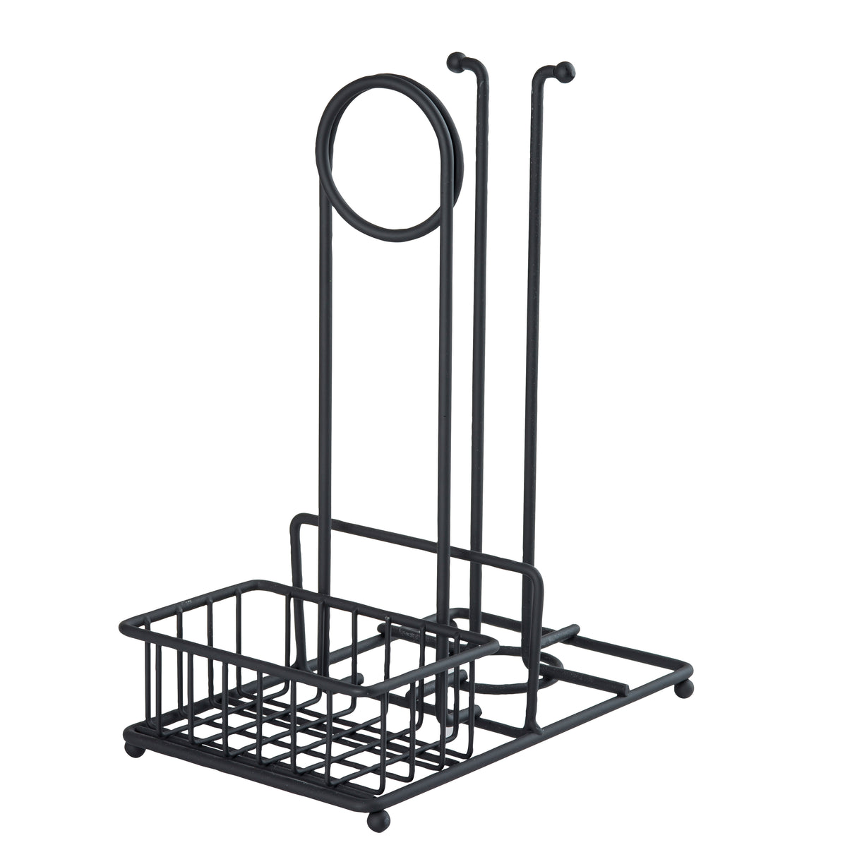 A black metal steel caddy kitchen organizer with compartments for storing a sponge, soap, and brush. It features a wire grid basket, a tall ring holder, and two upright hooks, all supported by a rectangular base with small rounded feet.