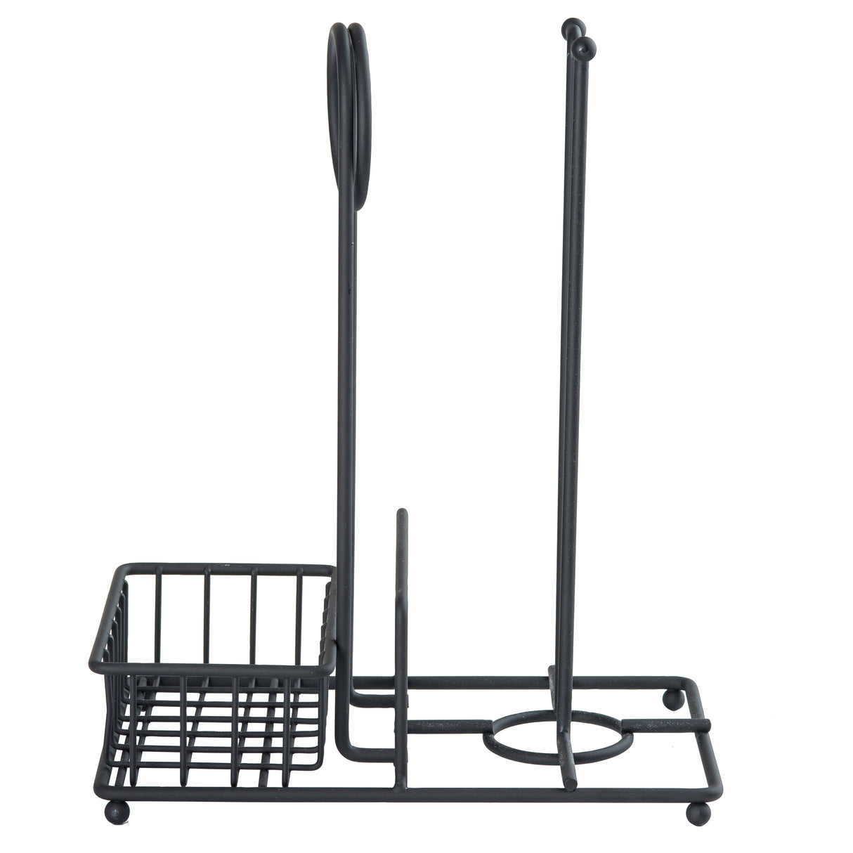 A sleek black steel caddy kitchen organizer with three sections: a square basket for condiments, a vertical ring paper towel caddy, and a tall rod for utensils. It stands on four small ball feet and keeps essentials neatly organized.