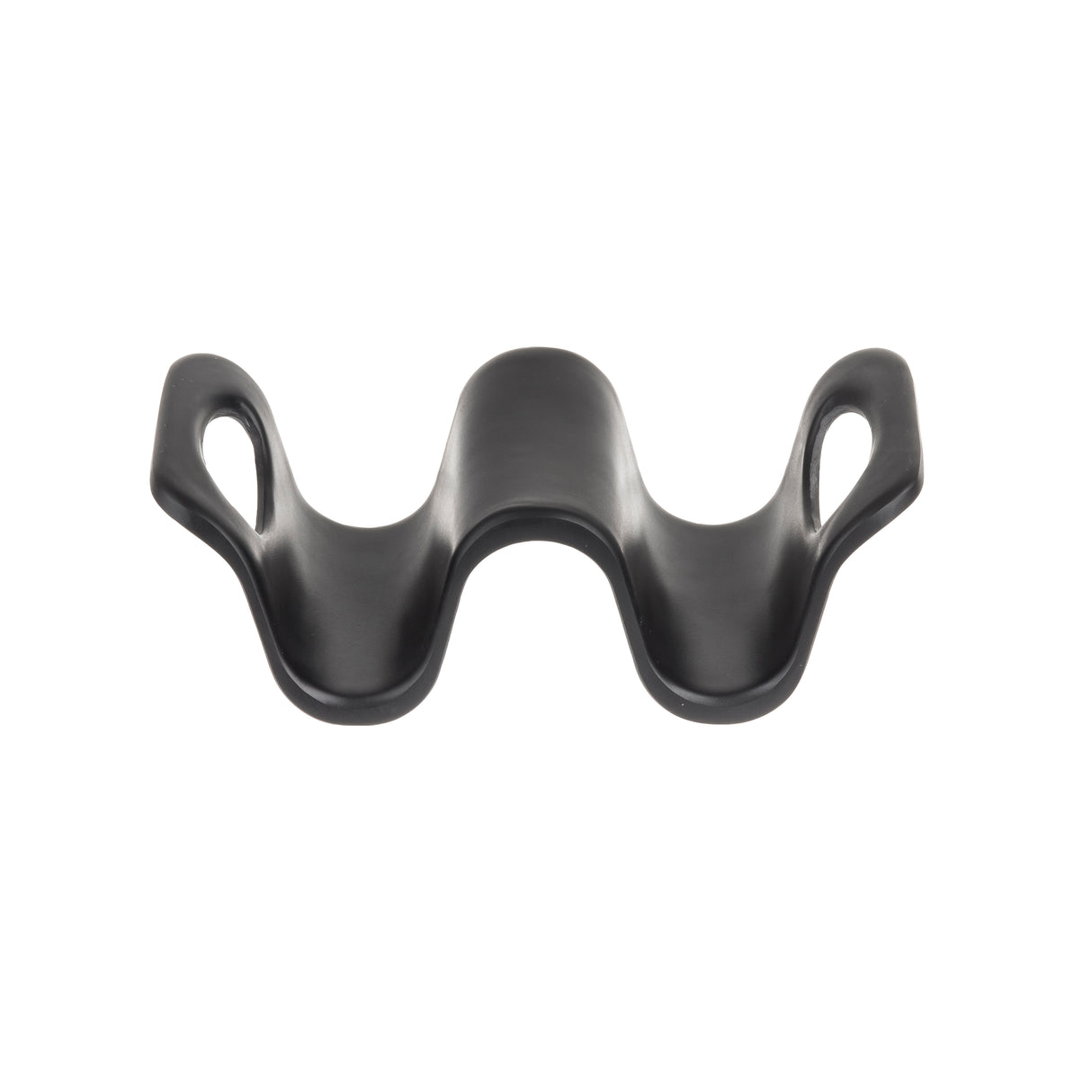 A black, curved melamine object with a wavy shape, featuring two oval openings on each side and a raised center, photographed on a white background—ideal for holding tacos like the Taco Taxi by TableCraft.