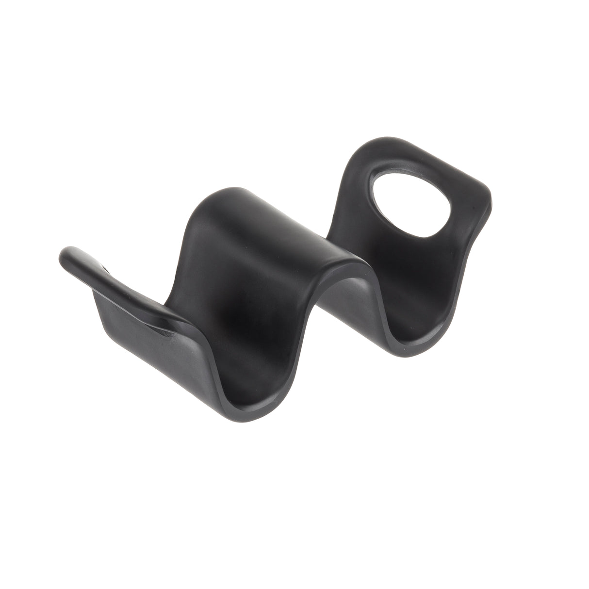 A black, wavy, plastic TableCraft bracket with two raised loops—one closed, one with an open hole—designed to secure or hold cylindrical objects, isolated on a white background.