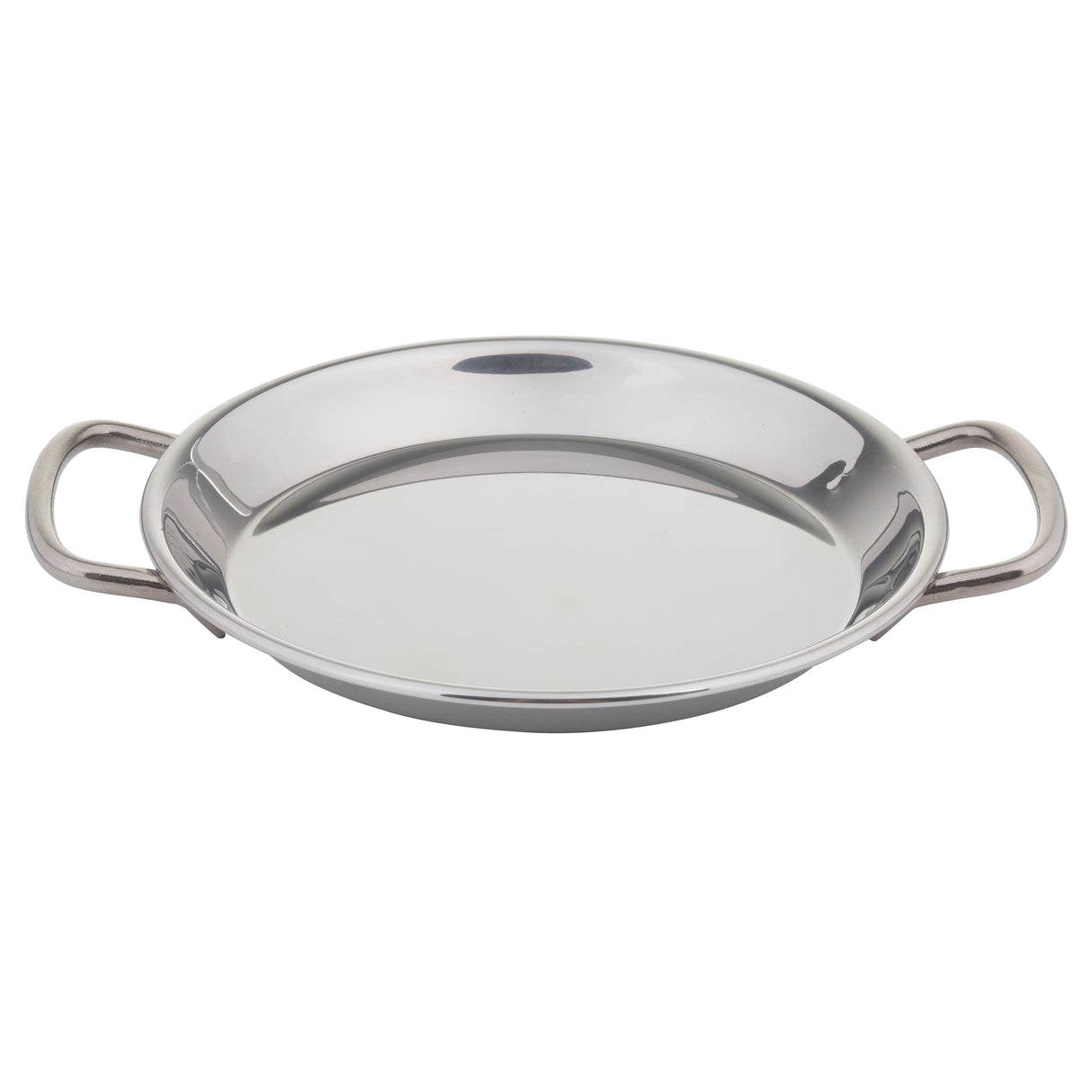 A shiny, stainless steel mini paella pan with two curved handles sits on a white background. Its reflective surface and rounded edges make it ideal for cooking or serving food, and it's induction safe for versatile kitchen use.