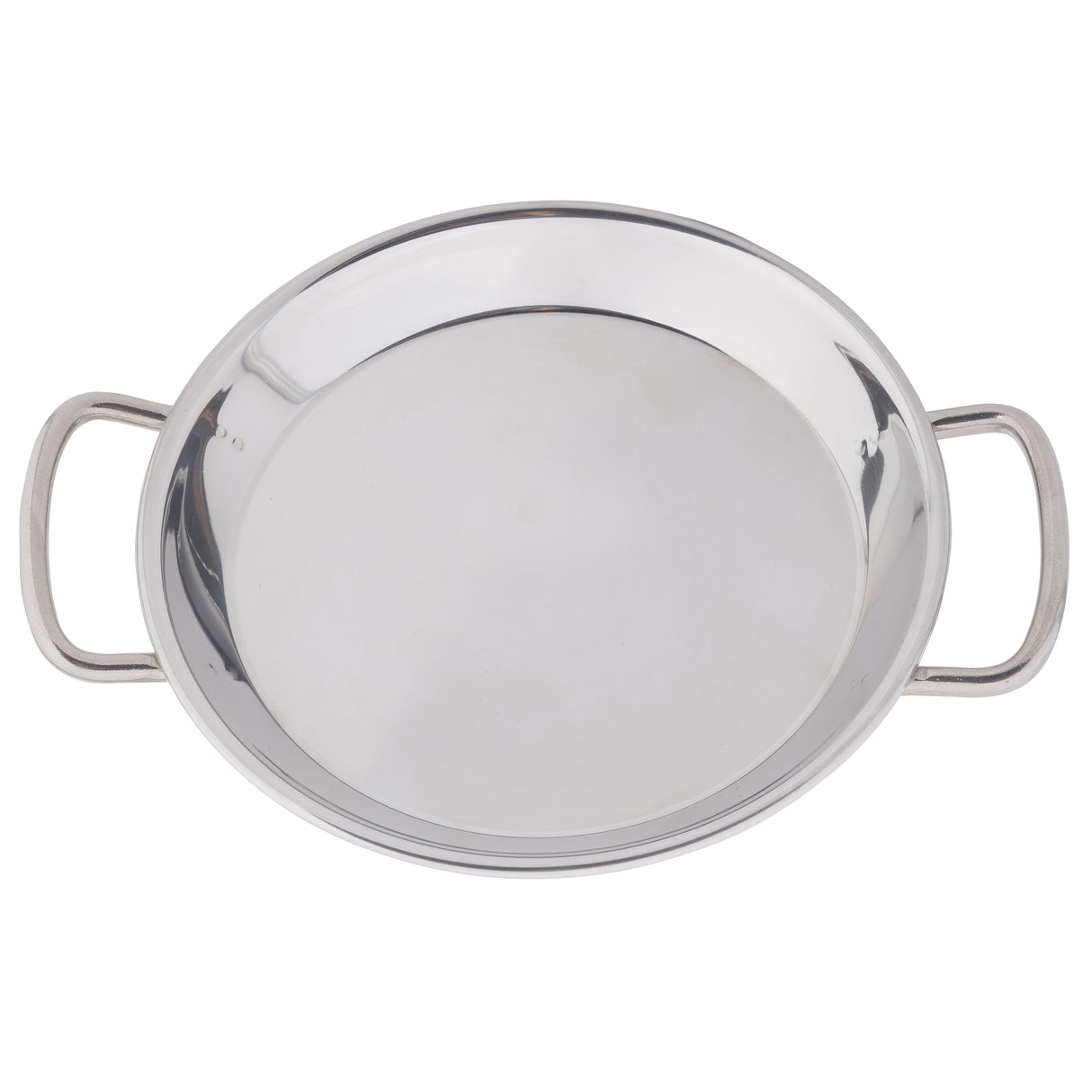 A round, stainless steel Mini Paella Pan with a shiny surface and two sturdy handles on opposite sides, induction safe and photographed from above against a white background.