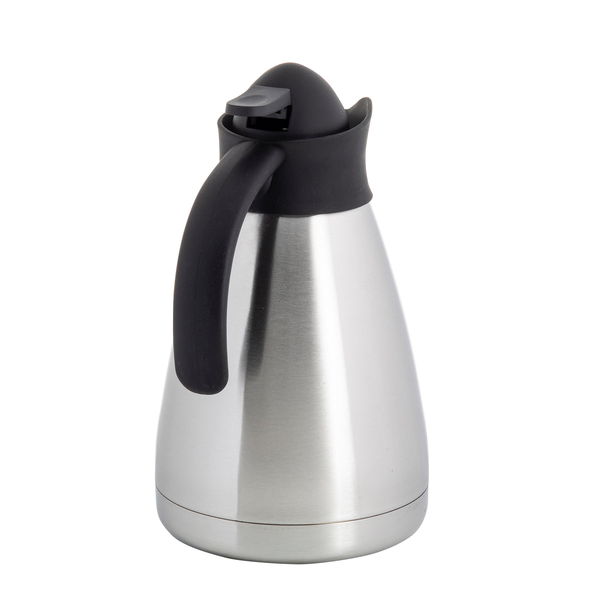 A stainless steel coffee carafe with a black plastic handle and lid. This vacuum insulated carafe has a matte silver finish, a rounded tapering body, and a push-button spout to keep beverages hot or cold for hours.