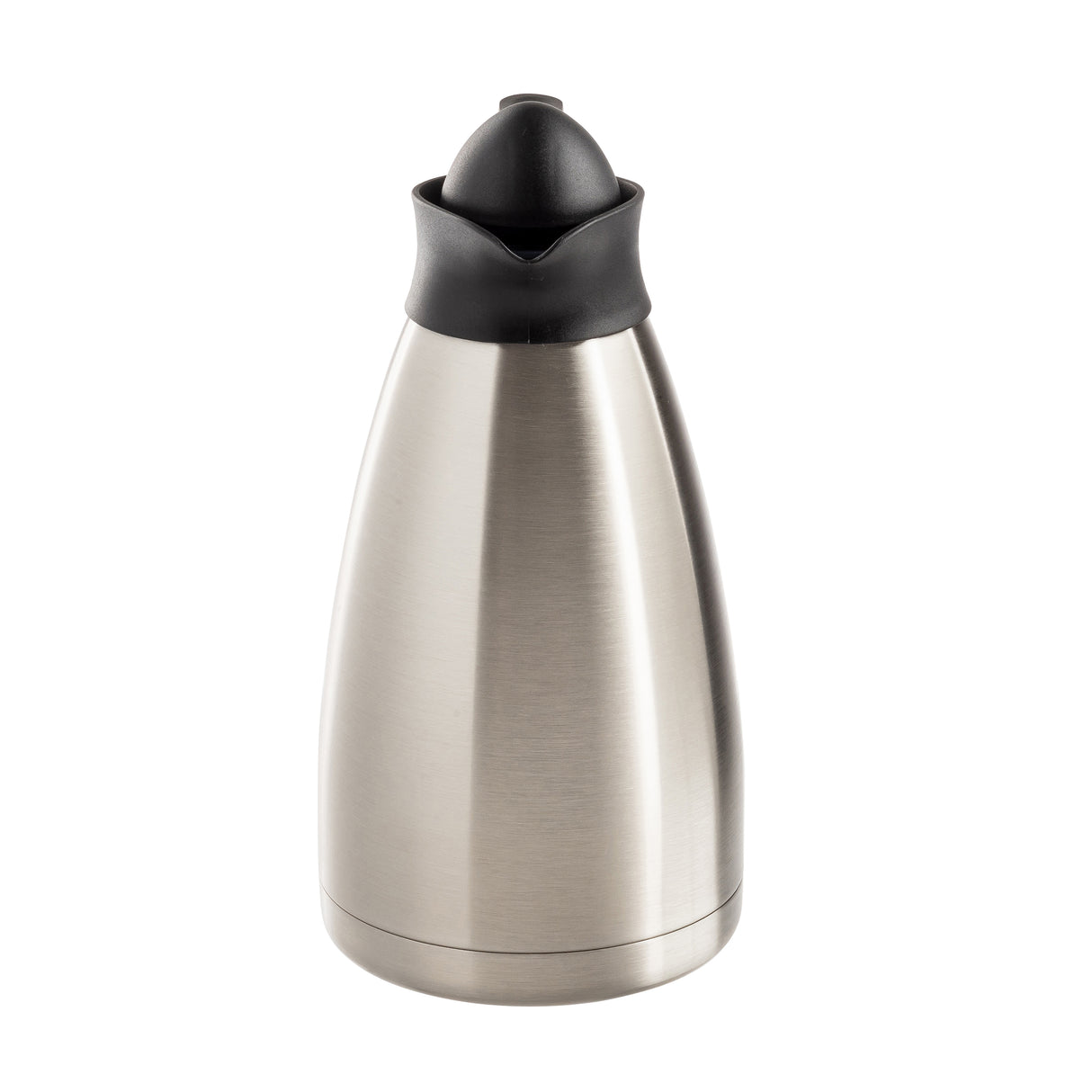 A vacuum insulated stainless steel thermos with a tapered body and black plastic lid, shown upright against a plain white background. This sleek Coffee Carafe features a modern design and brushed metal finish.