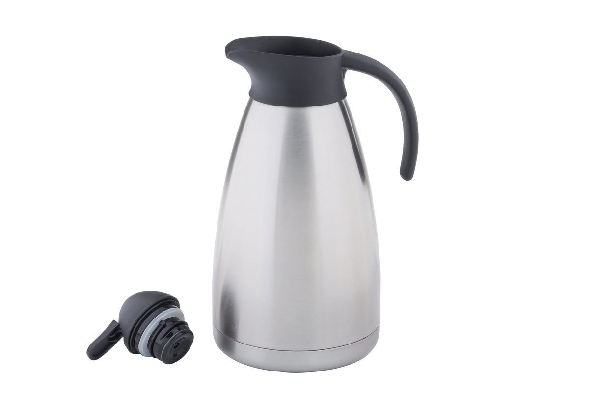 A sleek silver and black coffee carafe, crafted from stainless steel and vacuum insulated to keep your beverages hot or cold for hours.