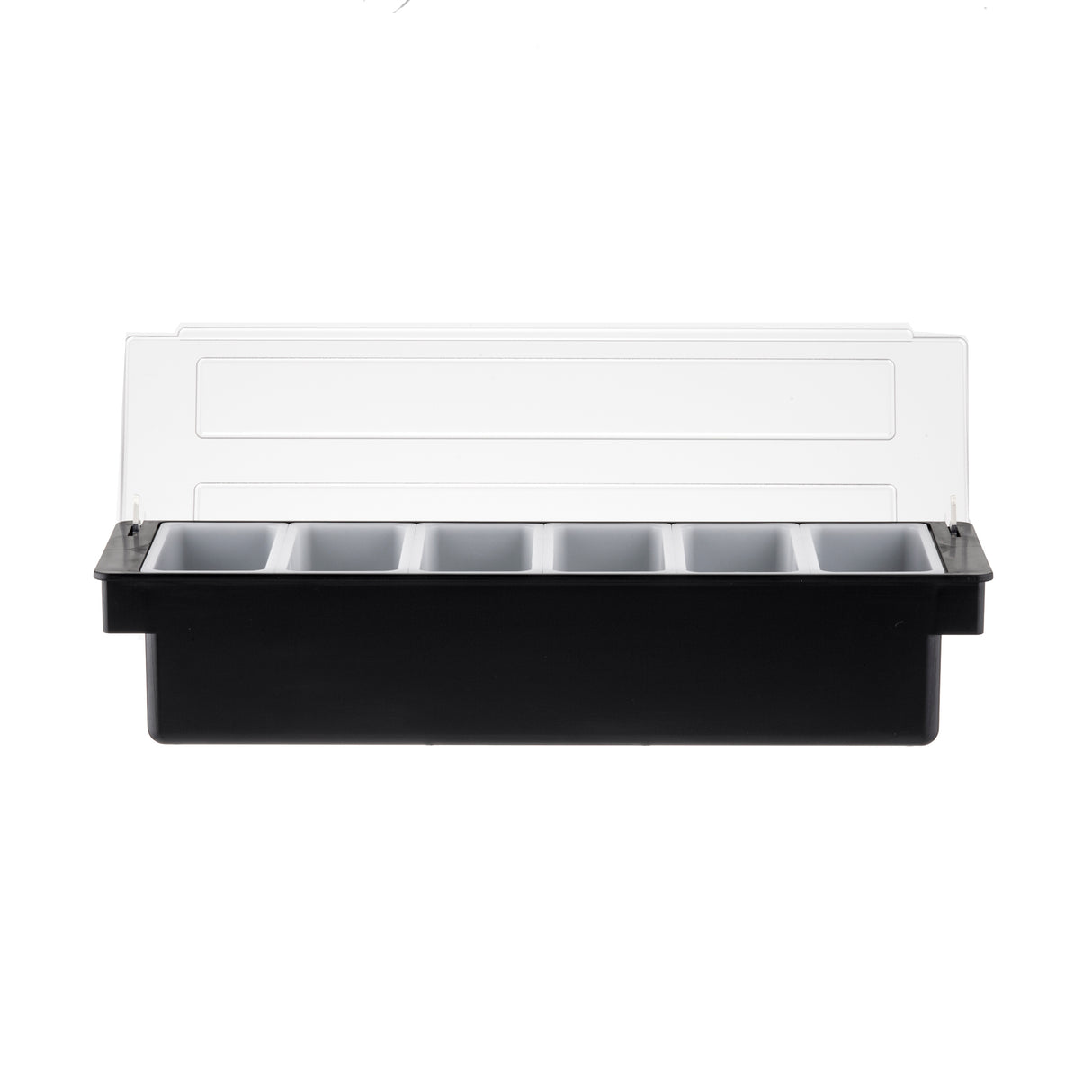 A black rectangular TableCraft bar condiment holder with six pint inserts and a transparent hinged lid, shown open. The plain white background highlights the container's simple, functional design.