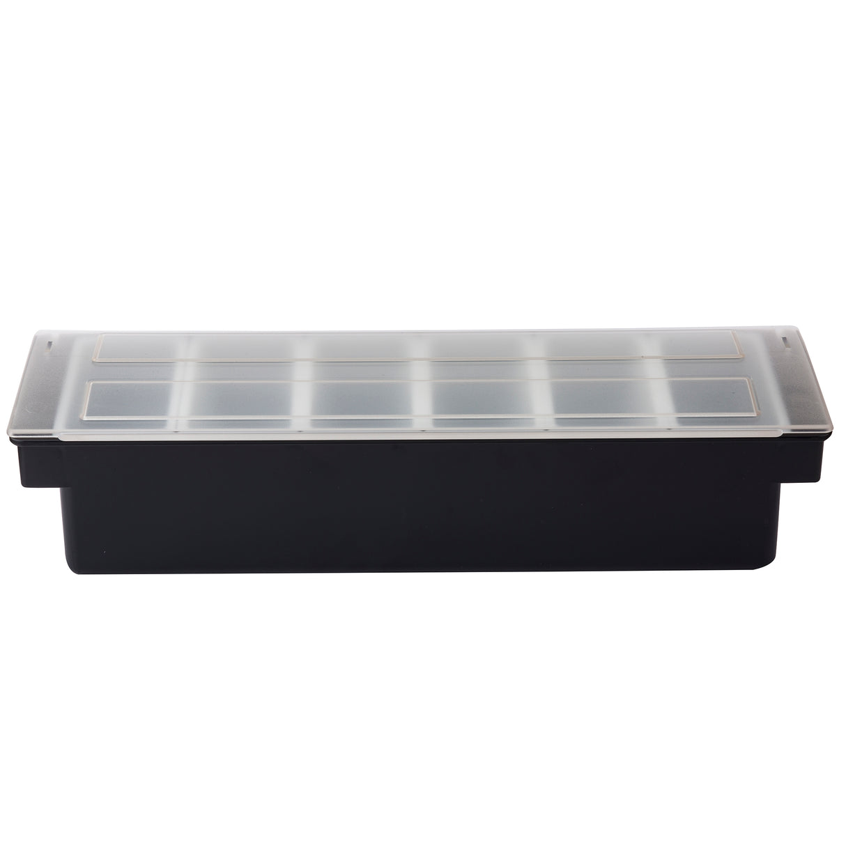 A rectangular black plastic seed tray with 6 pint inserts, similar to a TableCraft bar condiment holder, features a clear lid that fits snugly, allowing visibility into the tray while maintaining humidity for seedlings.