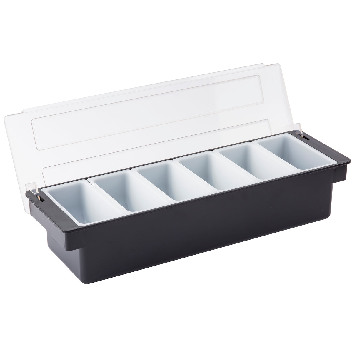 A black rectangular TableCraft bar condiment holder with five white compartments and a clear hinged lid. The organizer is empty and designed for storing bar or kitchen ingredients, with the lid open to reveal all compartments.
