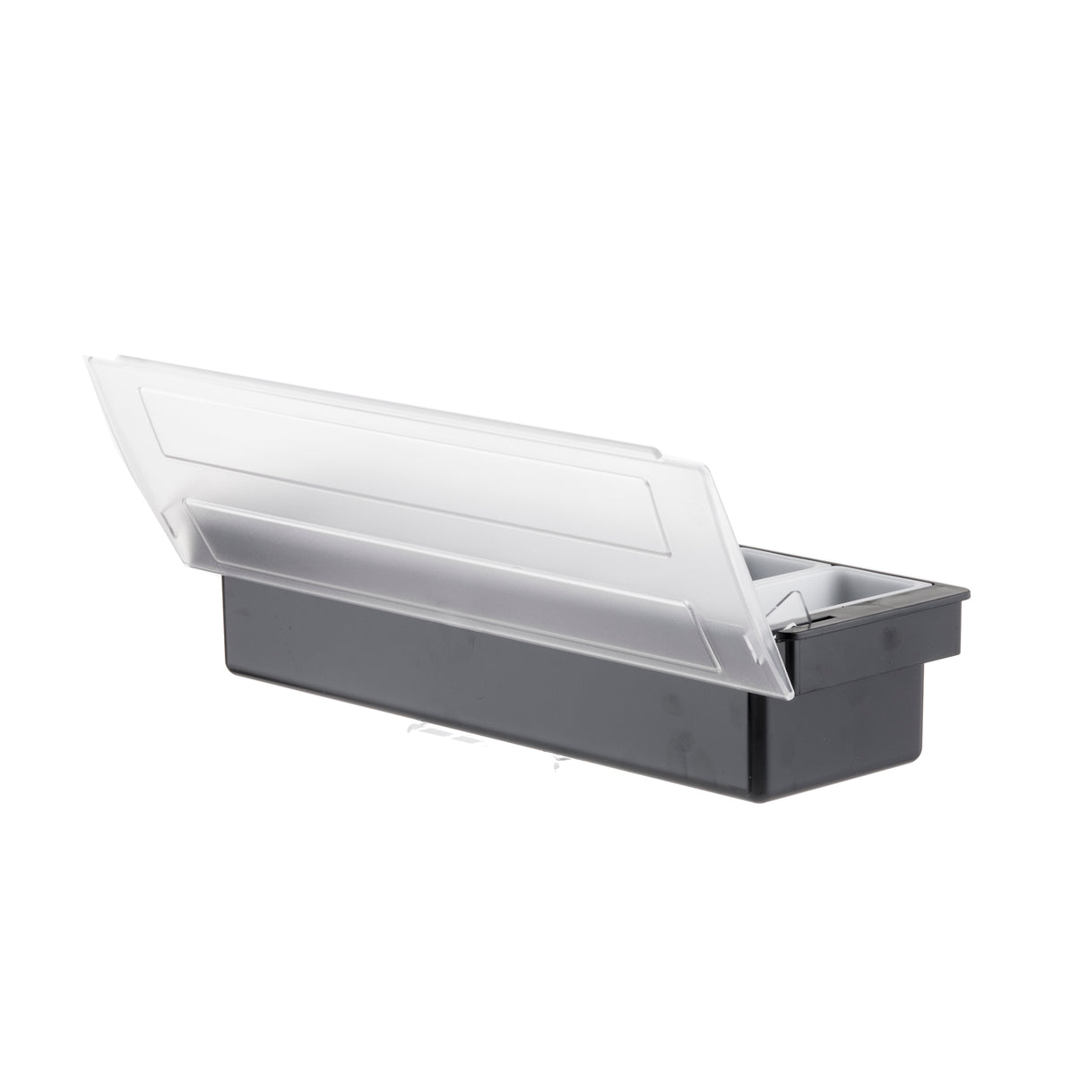 A rectangular black plastic food storage container, similar to a TableCraft bar condiment holder, with a hinged, translucent lid opened halfway. The simple design features smooth sides and an empty interior, ready for 6 pint inserts.