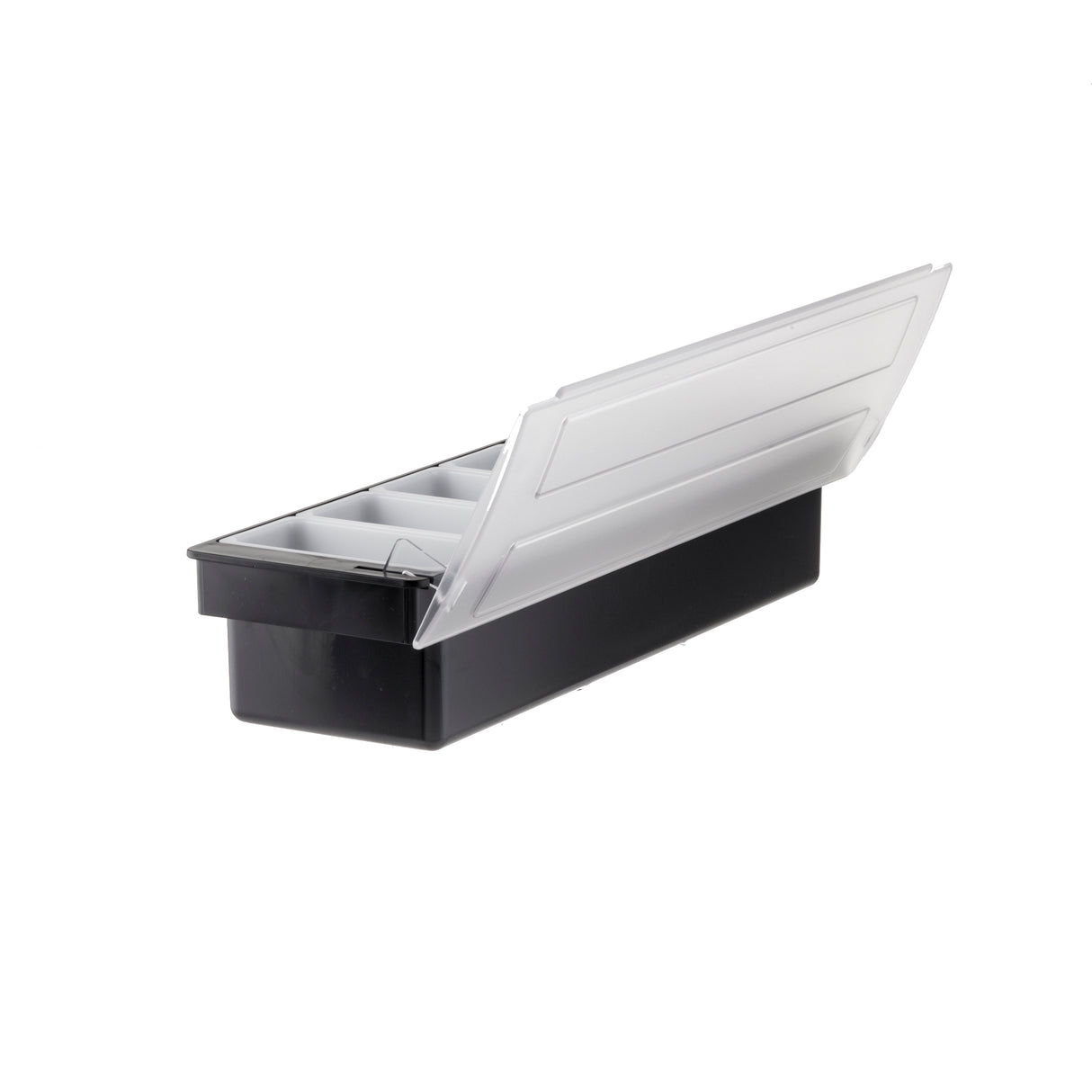 A rectangular black plastic bar condiment holder by TableCraft with a white hinged lid that is partially open. Inside, the box features divided compartments with 6 pint inserts. The plain white background highlights the box’s details.