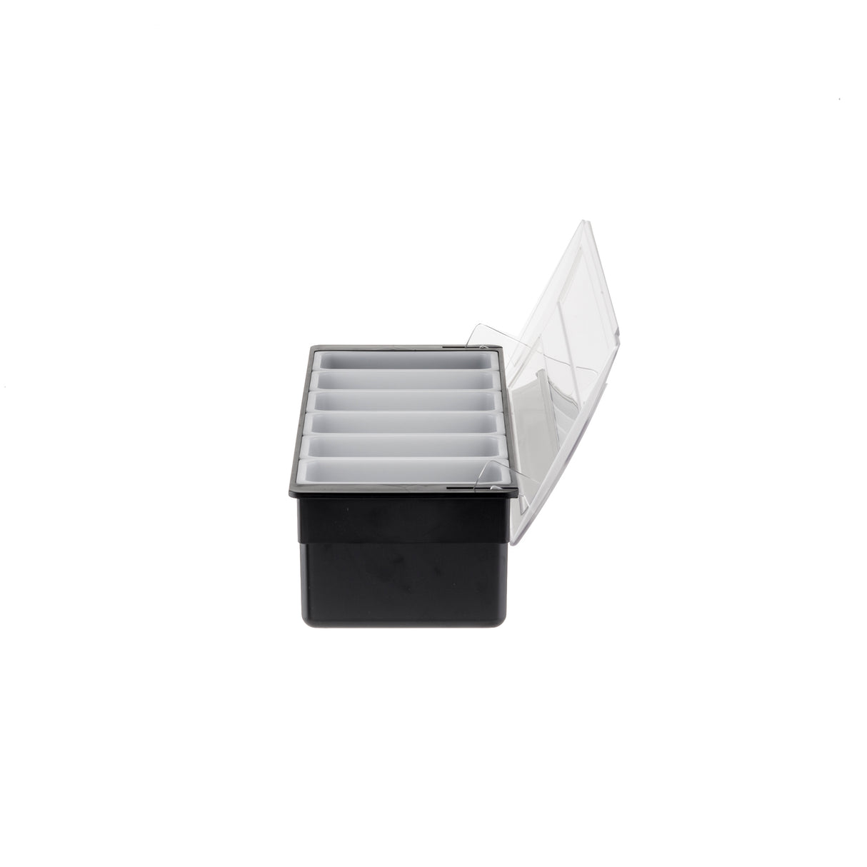 A TableCraft black plastic bar condiment holder with six pint inserts features a transparent hinged lid, slightly open. The box sits on a plain white background, viewed from the side to reveal its six compartments inside.