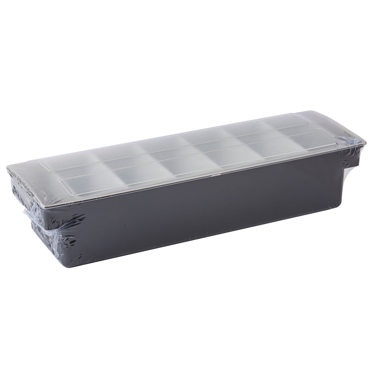A rectangular black TableCraft bar condiment holder, covered in clear shrink wrap, with a translucent lid on top. The container appears new and unused, featuring 6 pint inserts and a lid that fits securely, slightly overhanging the edges.