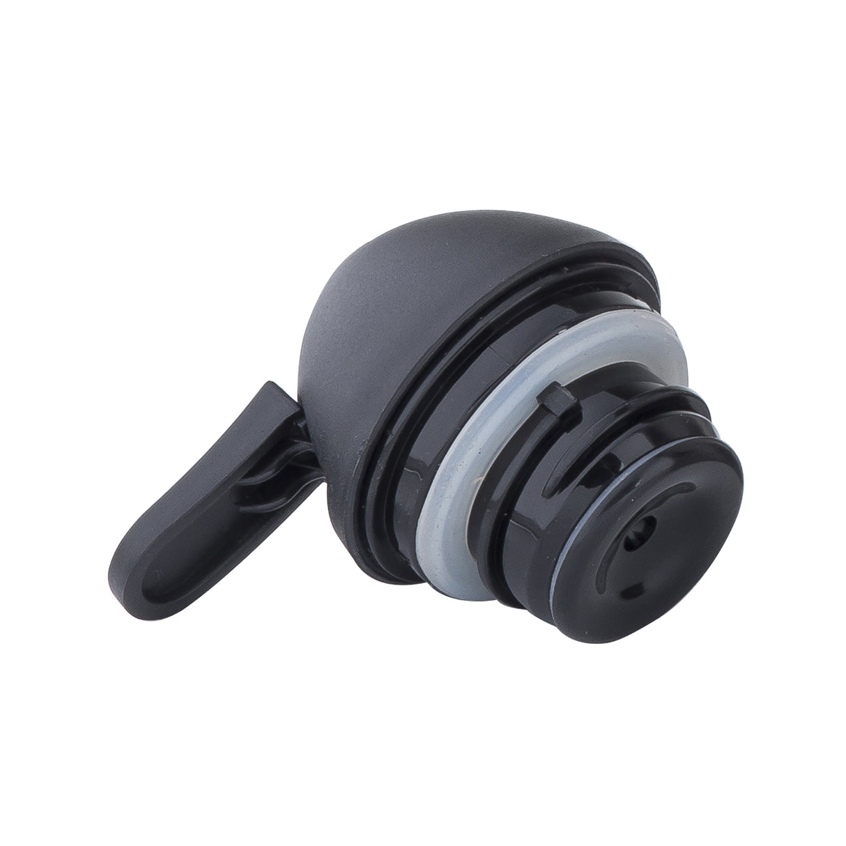 A black and gray plastic replacement lid with a flip-up handle, viewed at an angle. Designed for a TableCraft stainless steel coffee carafe, it features threading for attachment, a silicone seal, and a spout for drinking or pouring.
