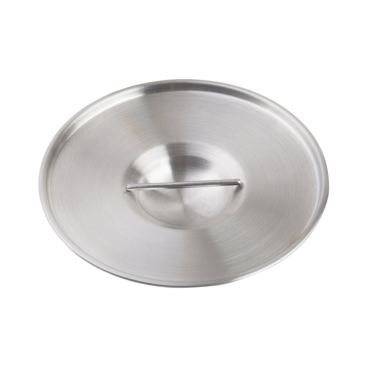 A round, stainless steel lid with a slightly domed shape and a central, horizontal handle. This TableCraft 10304 mini casserole lid has a brushed, matte finish and is photographed from above on a white background.