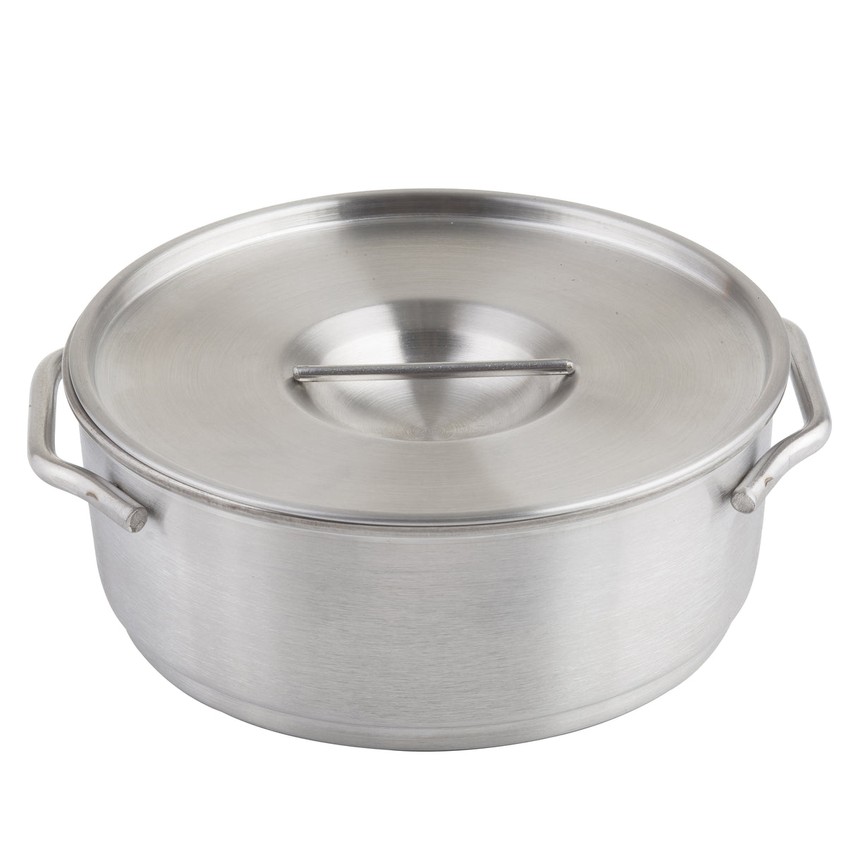 A round stainless steel pot with a matching flat stainless steel lid and side handles on both ends. The lid, like the TableCraft 10304 mini casserole lid, has a central, raised horizontal handle for easy lifting and sits against a white background.