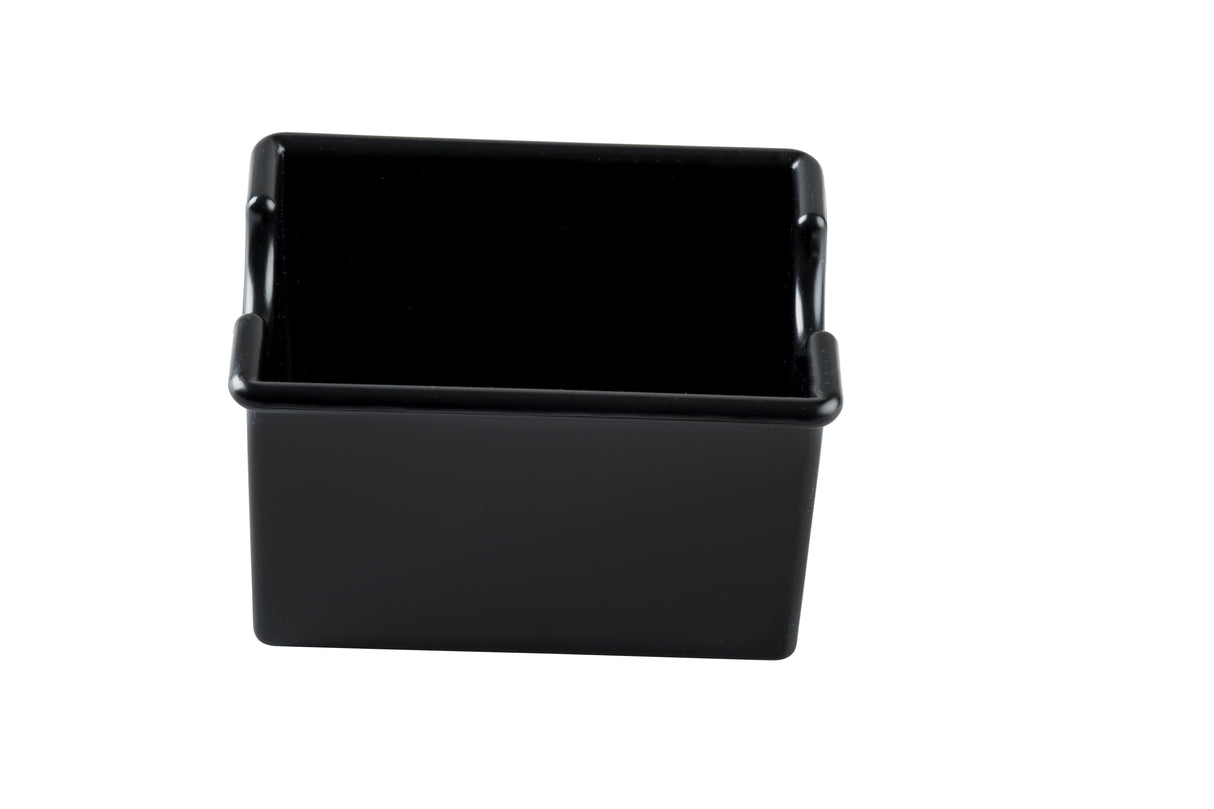 A small, rectangular, black polystyrene container with straight sides and a smooth surface, photographed on a white background. Perfect as a sugar packet holder, it is empty and viewed slightly from above to show the open top and inner space.
