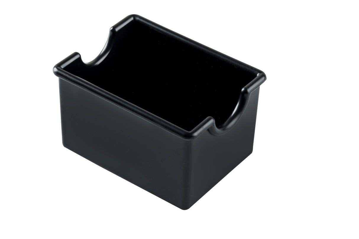 A black, rectangular polystyrene sugar packet holder with smooth surfaces and an open top. The shorter sides feature U-shaped notches for easy access. The interior is empty and clean, photographed on a white background.