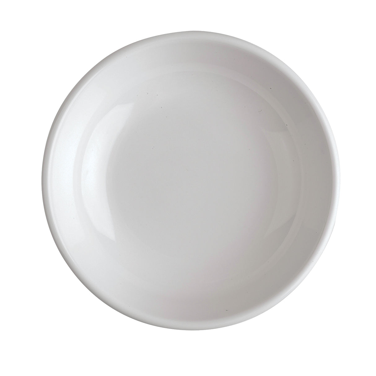 A plain, round white ceramic plate is shown from above against a white background. With a smooth surface and subtle rim, this stacking bowl style design offers versatility and is dishwasher safe for easy cleanup. No patterns or visible textures are present.