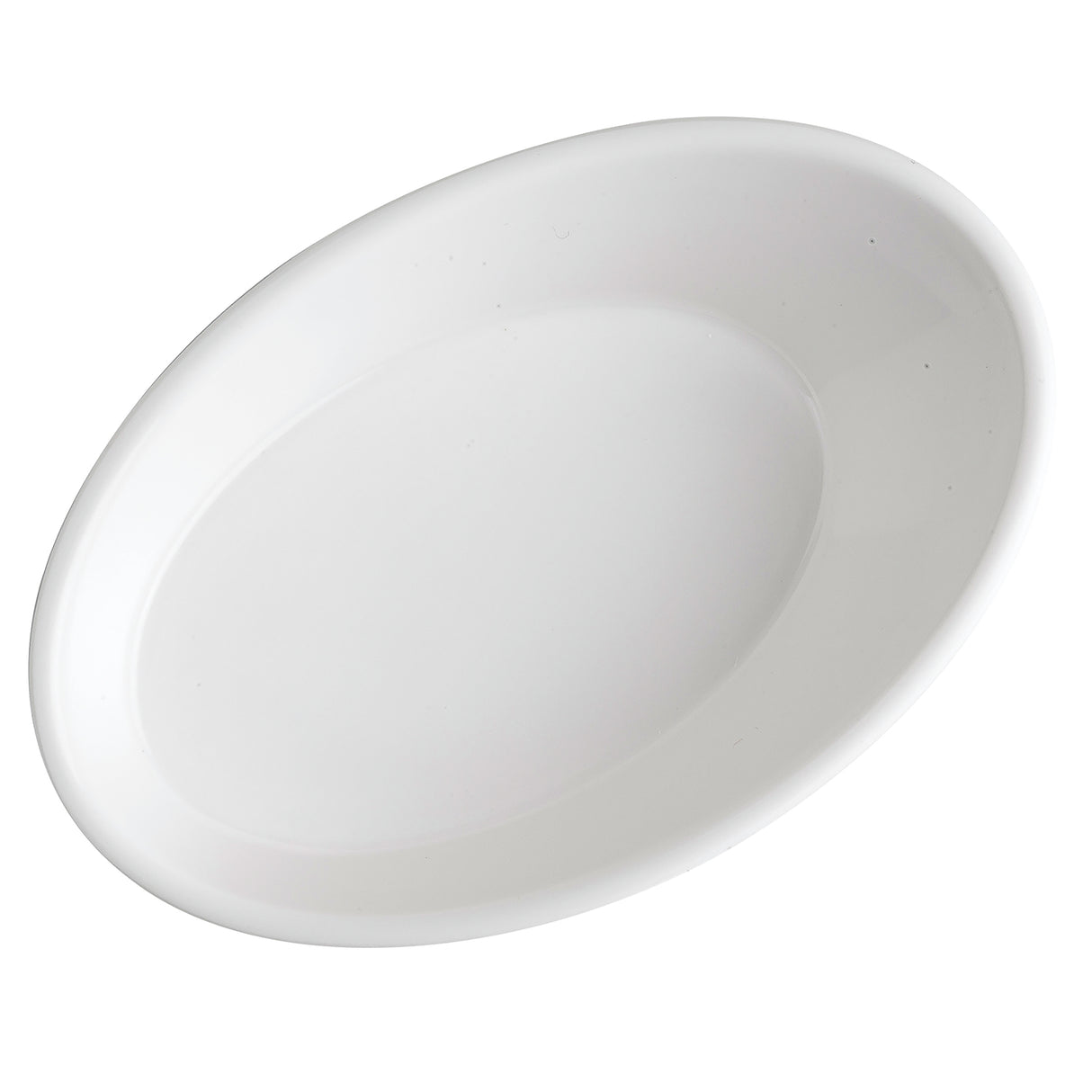 A plain white, oval-shaped melamine plate is shown against a white background. The plate has smooth, gently raised edges and a glossy finish, with no visible patterns or decorations. This dishwasher safe design highlights clean simplicity.