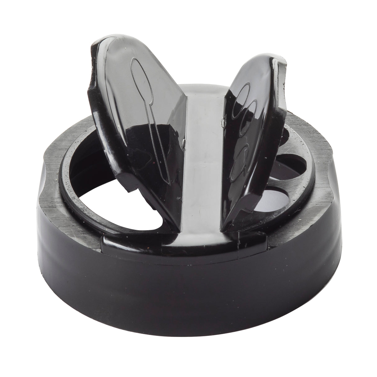 A close-up of a black plastic replacement shaker top with two raised flaps for pouring. The glossy circular lid features curved openings and an outer rim that snaps onto a container. The flaps form a V-shape in this TableCraft 10325 design.