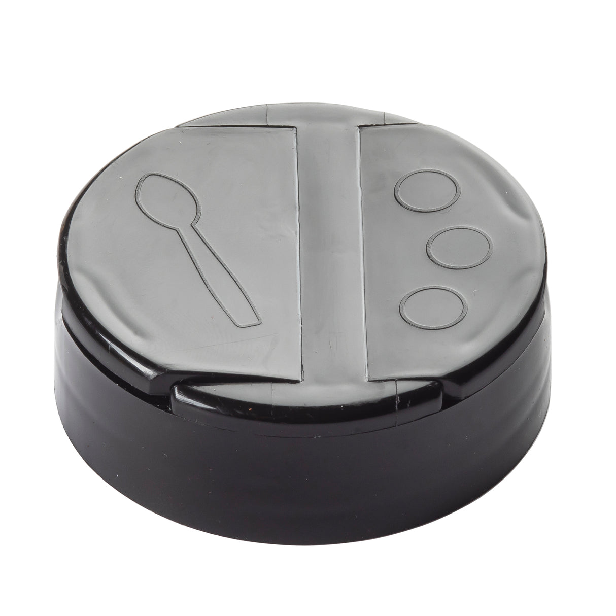 A black plastic replacement shaker top, like the TableCraft 10325, features a perforated flip top lid with two symbols—a spoon and three circles—that indicate its versatile pouring or scooping flaps for easy food service.