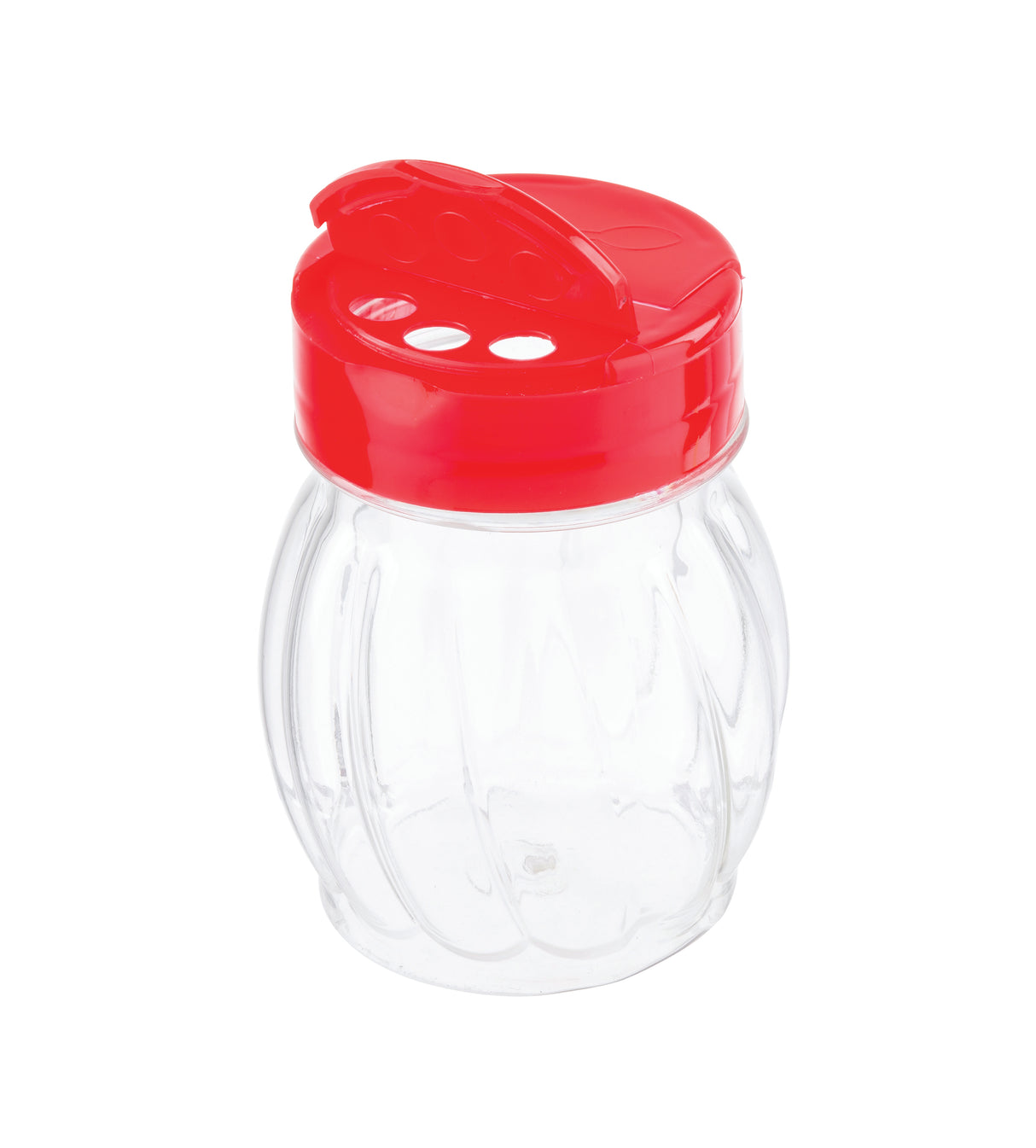 A clear, round glass shaker jar with vertical grooves and a bright red flip top plastic lid featuring three large holes for sprinkling. The empty jar is photographed on a white background.
