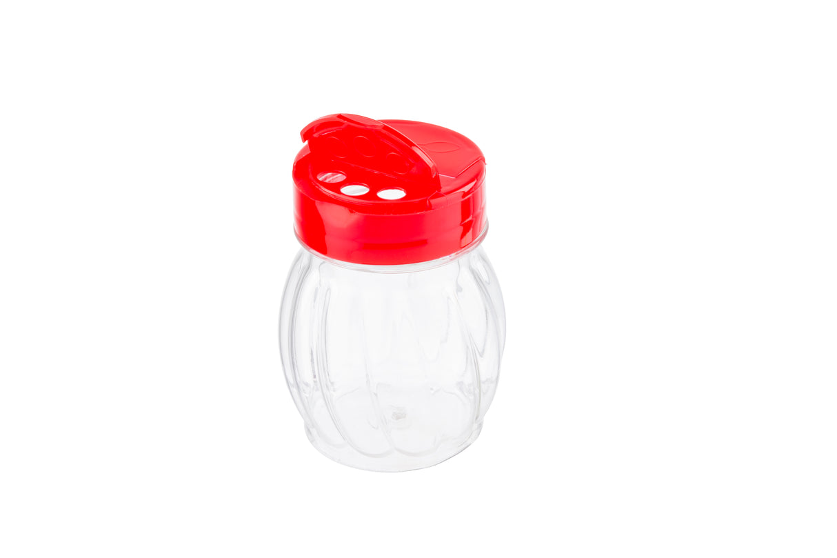 A clear, empty plastic shaker jar with a bright red flip top lid featuring three small holes for sprinkling. The rounded jar has vertical grooves on the sides and is set against a plain white background.