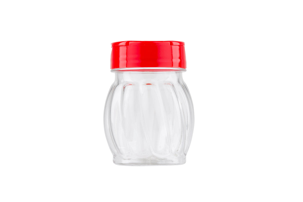 Clear, empty glass spice jar with a grooved design and a bright red flip top plastic lid, shown upright against a plain white background—perfect for use as a shaker.