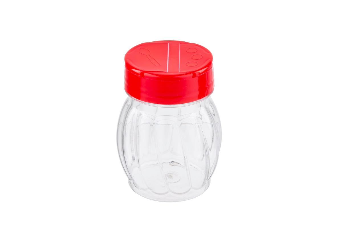 A clear, empty plastic spice shaker jar with a red flip top lid featuring embossed spoon and circle symbols. The cylindrical jar has vertical ridges and is displayed against a white background.