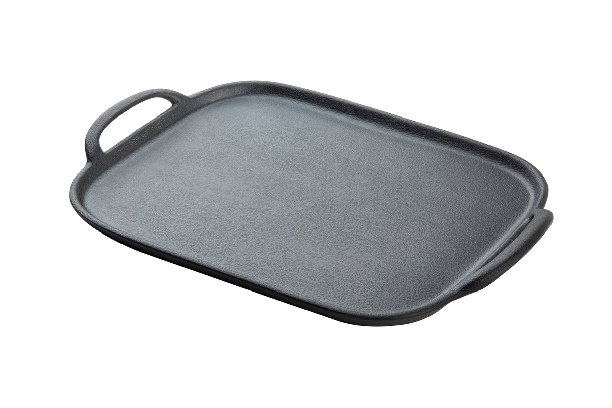 A rectangular, black faux cast iron tray with rounded corners and two large handles on opposite sides, shown on a white background. The TableCraft 10331 features a smooth surface and slightly raised edges for versatile serving.