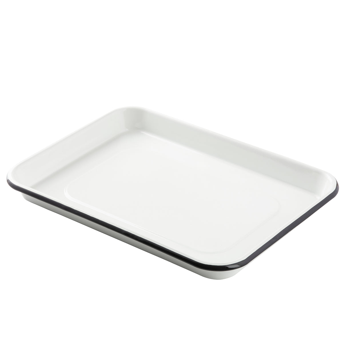 A white rectangular 1/4 size enamel tray with a slightly raised edge and a black rim, placed on a white background. The tray has smooth, rounded corners and a glossy finish, resembling a compact sheet pan.