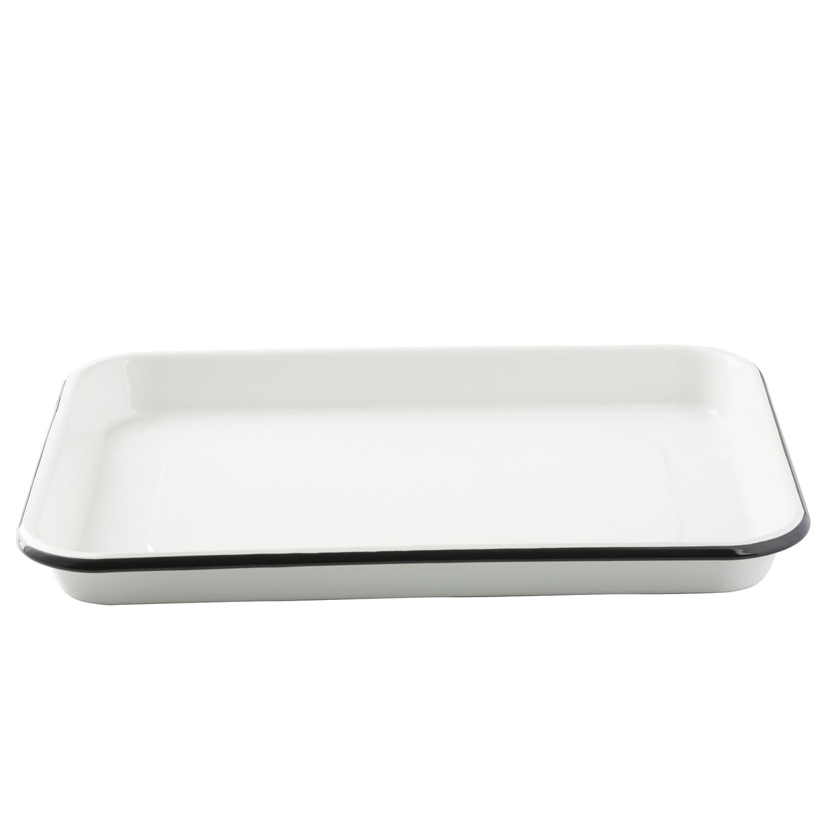 A 1/4 size enamel sheet pan, rectangular with slightly rounded corners and a thin black rim, sits on a plain white background. The tray appears clean, simple, and empty, with shallow sides and a smooth, glossy finish.