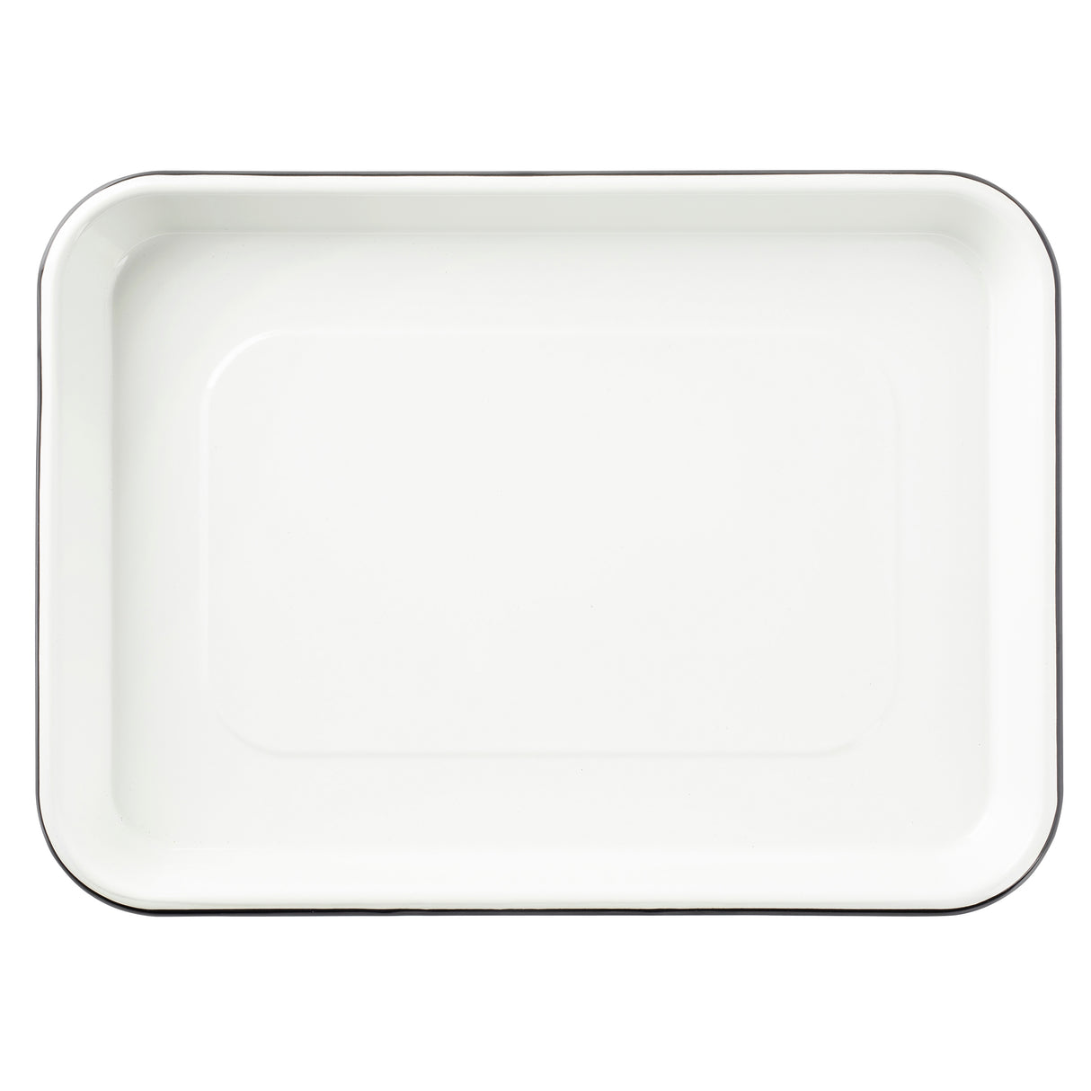 A 1/4 size rectangular white enamel tray with rounded corners and a thin black rim, viewed from above. The smooth, plain surface and slightly raised edge blend seamlessly with the white background.