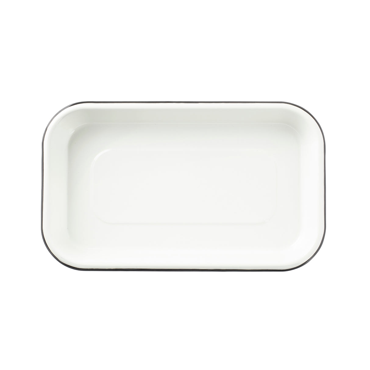 A rectangular, shallow, 1/8 size enamel tray with rounded corners and a thin black rim, photographed from above on a plain white background. The tray has smooth edges and a clean, minimalist sheet pan design.