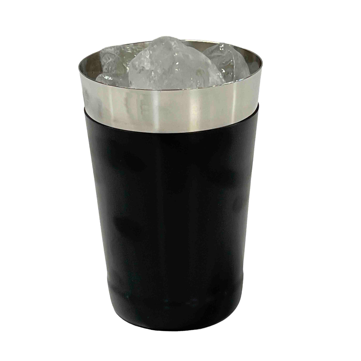 A sleek 16 oz stainless steel cup filled with clear ice cubes. The cup features a shiny silver rim and a matte black finish, resembling a classic bar shaker, photographed against a plain white background.
