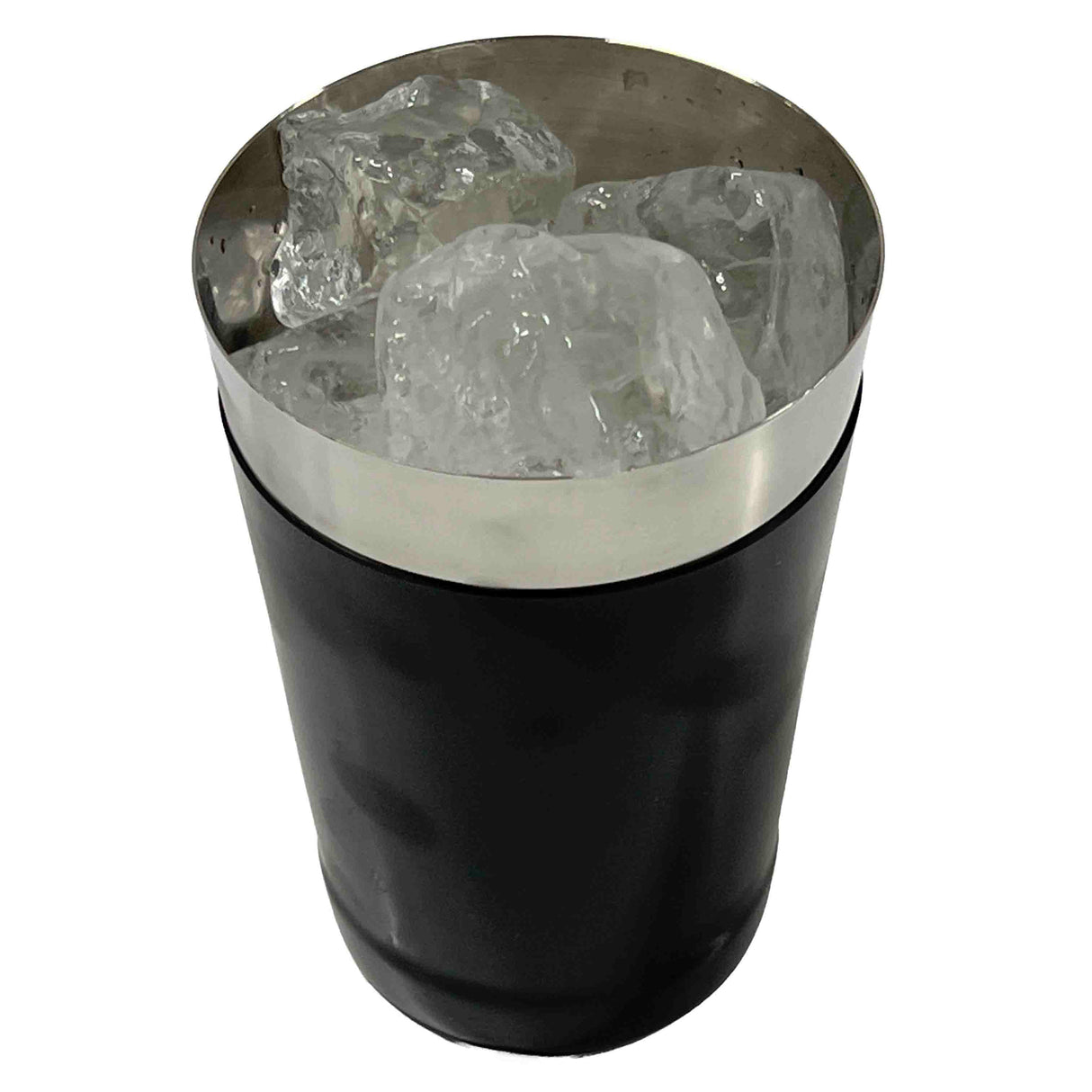 A 16 oz stainless steel cup with a black outer layer is filled with large, clear ice cubes. Viewed from above, the shiny metal interior and glossy ice surface stand out against the plain white background, resembling a classic bar shaker.
