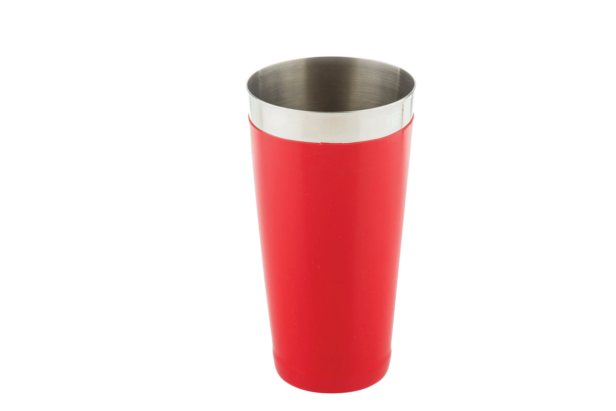 A tall, cylindrical 28 oz stainless steel tumbler with a red exterior. The cup has a metallic rim and an open top, revealing the silver interior. Set against a plain white background, it resembles a sleek bar shaker.