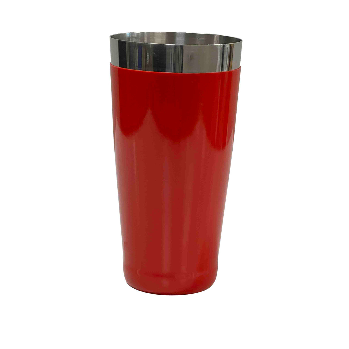A tall, cylindrical bar shaker tin with a shiny stainless steel rim and a glossy red body. This 28 oz shaker features a sleek metal top contrasting with the vibrant lower section, standing upright against a plain white background.