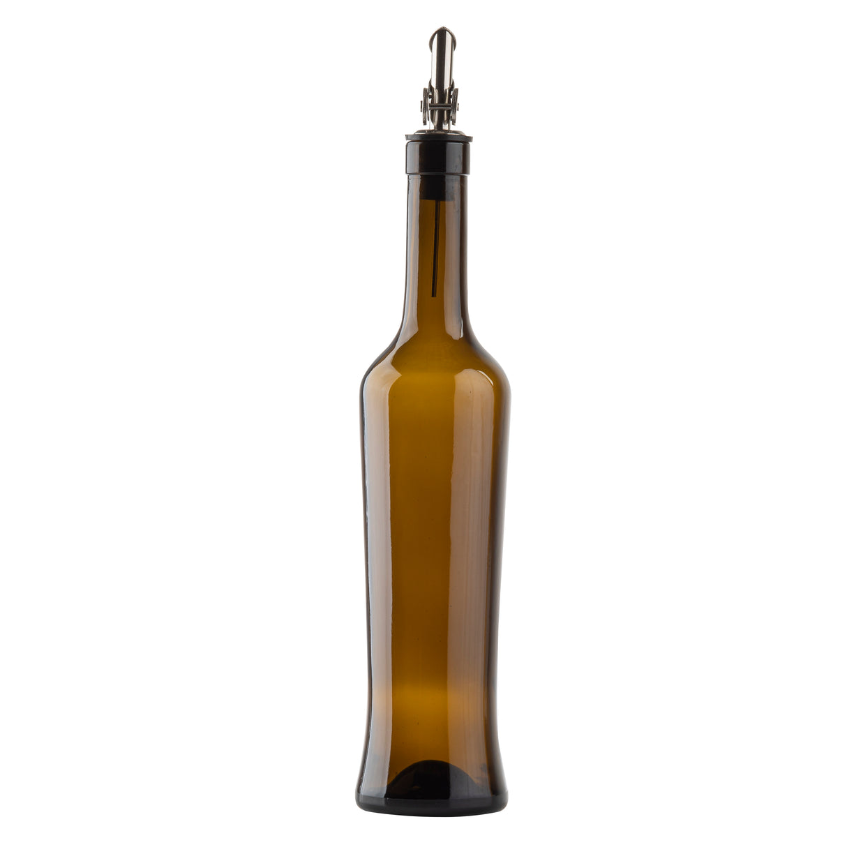 A tall, slender oil & vinegar bottle made of dark green glass with a stainless steel pourer and black cap, typically used for dispensing olive oil or vinegar. The bottle is photographed against a white background and appears empty.