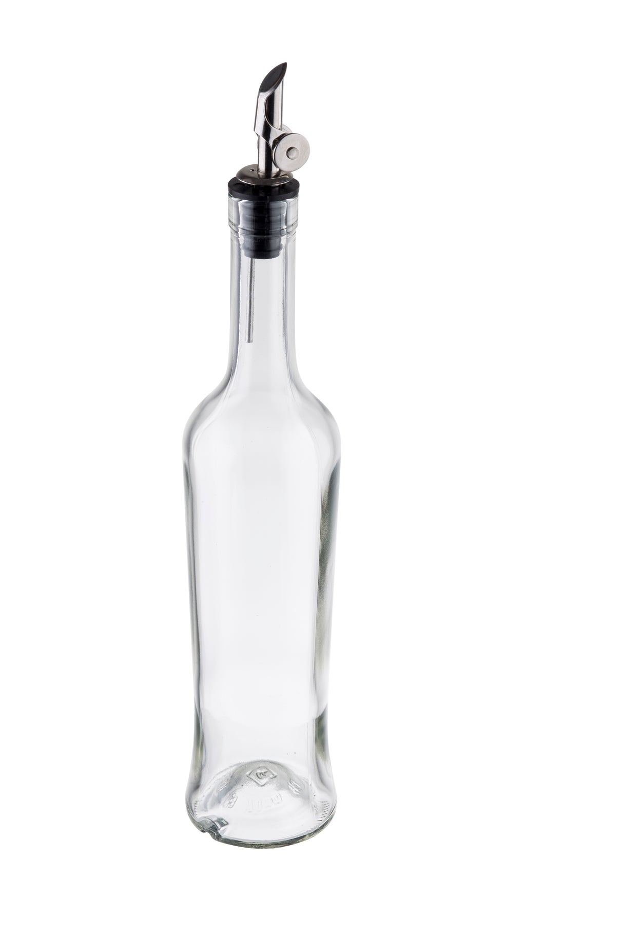 A tall, clear glass Oil & Vinegar Bottle with a sleek stainless steel pourer sits empty against a white background, perfect for dispensing your favorite liquids.