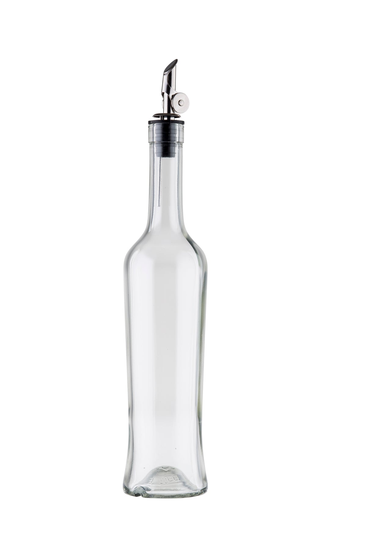 A clear glass Oil & Vinegar Bottle with simple, smooth curves features a stainless steel pourer and a white rubber cap. The empty bottle stands upright on a white background, free of any labels or markings.