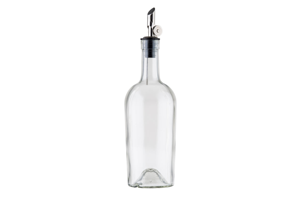 A clear glass Oil & Vinegar Bottle with a stainless steel pourer and black collar stands upright on a white background. Its base features a slight indentation, and the metal spout has a small cap attached for closing.