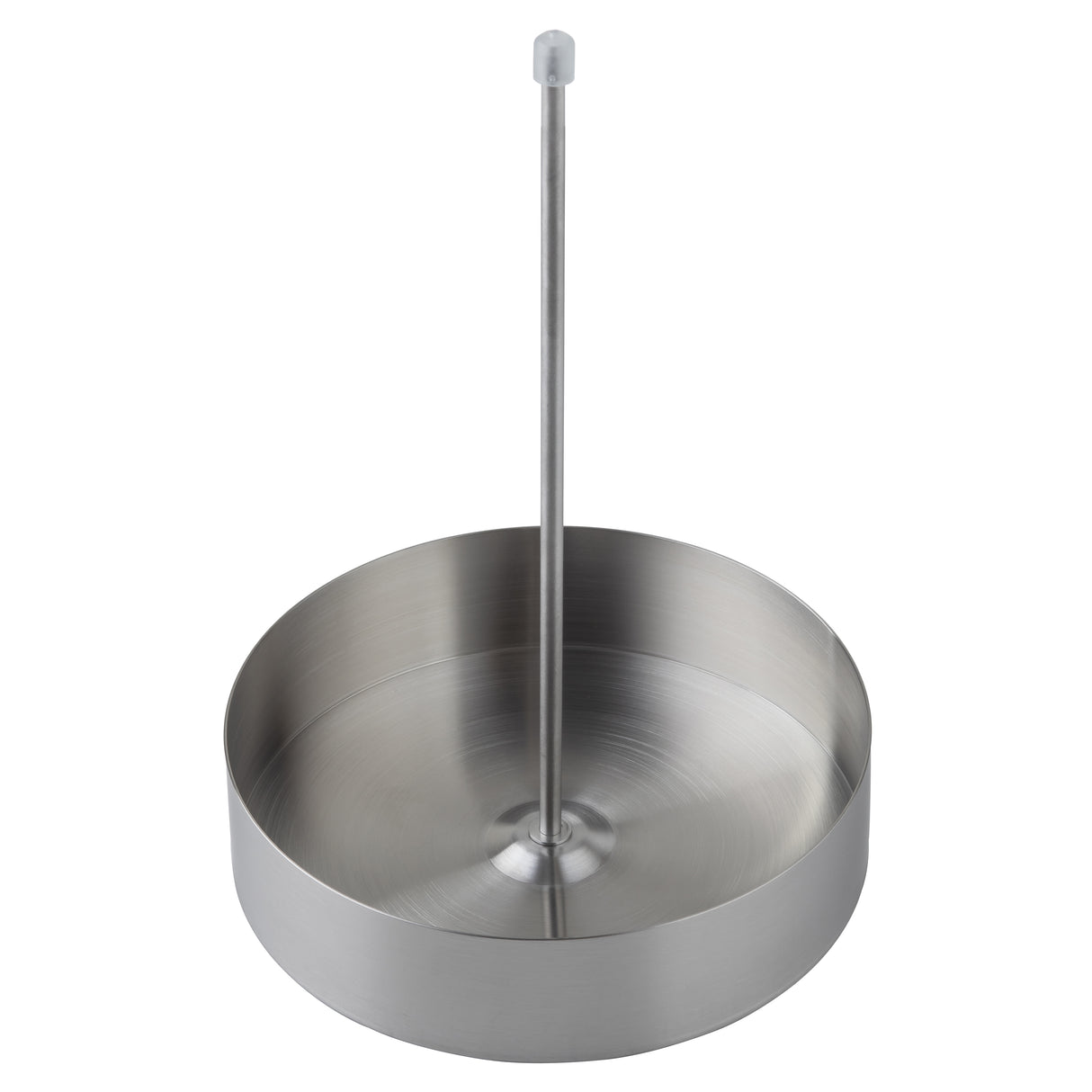 A round, stainless steel slider holder with a tall central rod ending in a small white tip; the rod is attached to the base, and the cylindrical dish has smooth, brushed metal sides—perfect for serving as an onion ring tower.