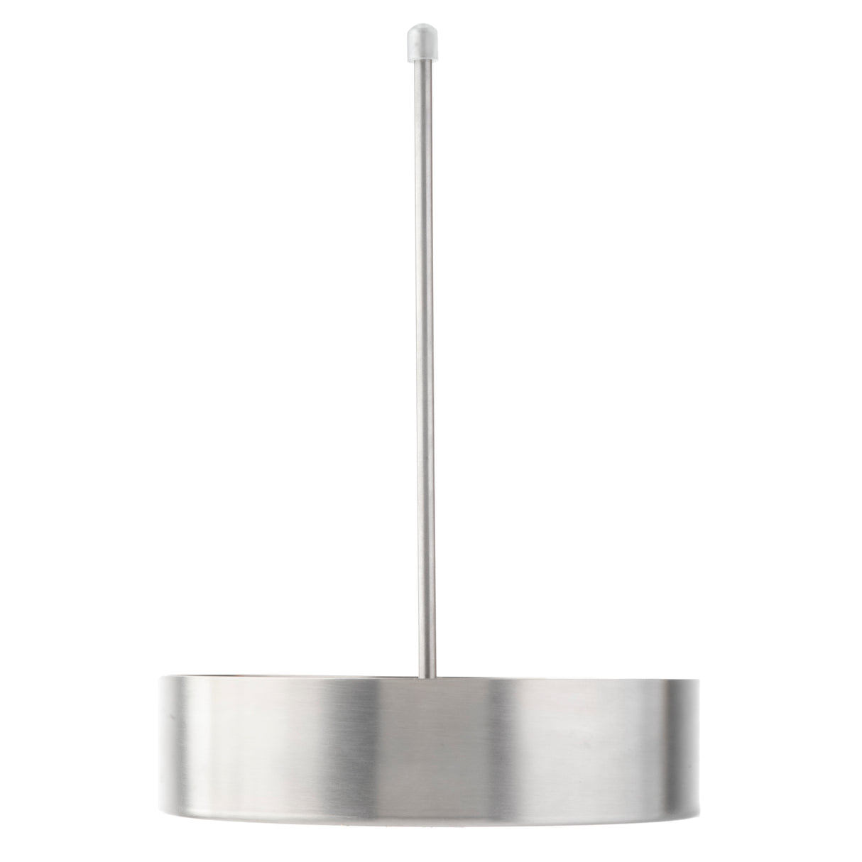 A minimalist, cylindrical stainless steel pendant light hangs from a long, thin rod. The fixture features a modern, industrial design with a smooth silver finish and a small cap at the top. The background is plain white.