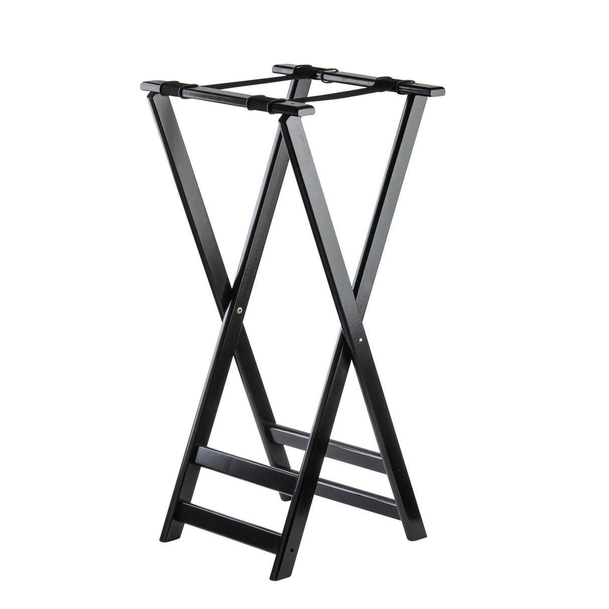 A black folding tray stand with sturdy rubberwood legs crossed in an “X” shape, featuring two flat support straps on top for holding suitcases. The structure is simple, open, and ideal for hotel rooms or guest spaces.