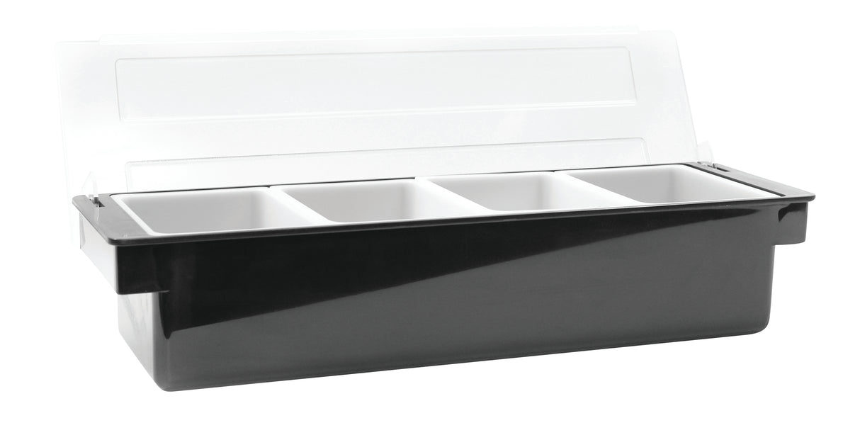 A black plastic bar condiment holder by TableCraft Products features four white compartments and a hinged, transparent lid. The compartments are arranged in a row for organized storage and are dishwasher safe for easy cleanup.