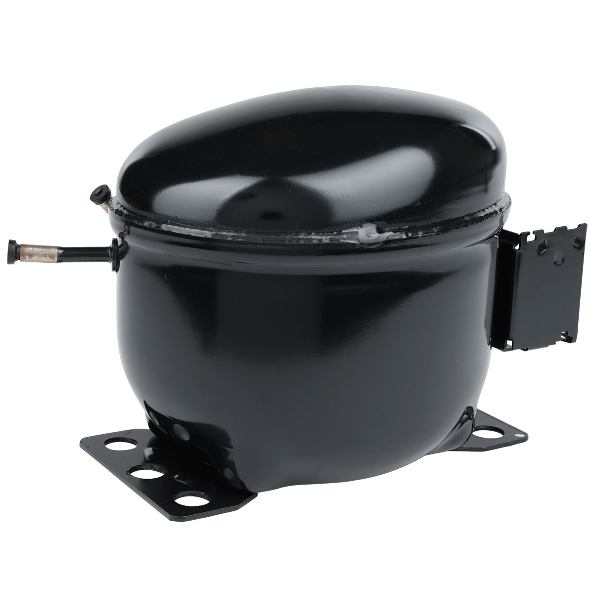 A shiny black Empura Refrigeration compressor rests on a flat base with mounting holes. It has an oval, rounded top, two short pipe outlets, and a small attached bracket. The surface reflects light, isolated on a white background.