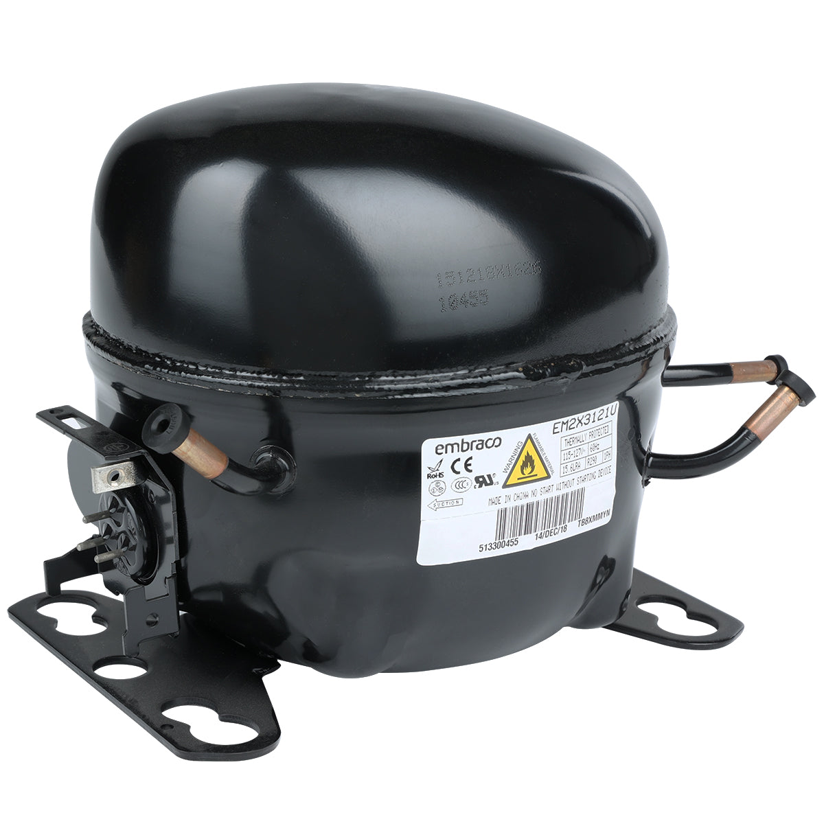 A black, cylindrical Embraco compressor with copper tubing, metal mounting base, and a white label displaying model and safety information. Designed for use in Empura Refrigeration appliances, it features electrical terminals on the left.